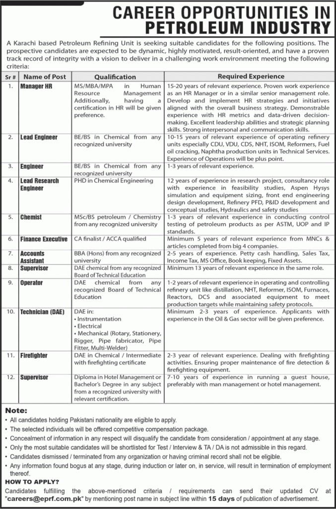 Looking for an Oil Industry Career? Karachi Refinery is Hiring!