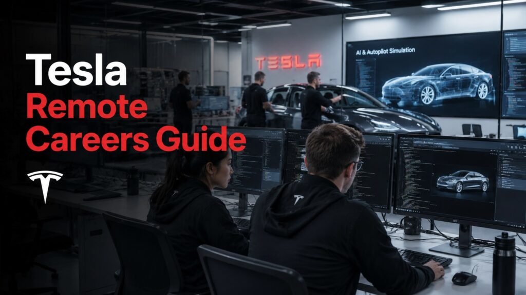 Tesla Remote Careers Guide: Engineering Jobs, Work Culture, Hiring Trends & Salary Insights Technology professionals collaborating inside a modern engineering workspace representing Tesla remote careers and innovation culture