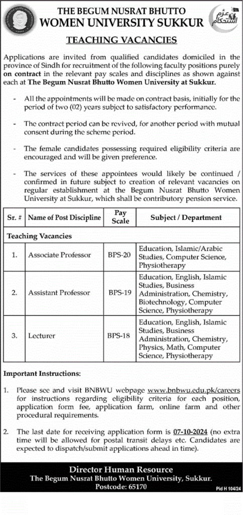 Begum Nusrat Bhutto Women University Sukkur Jobs