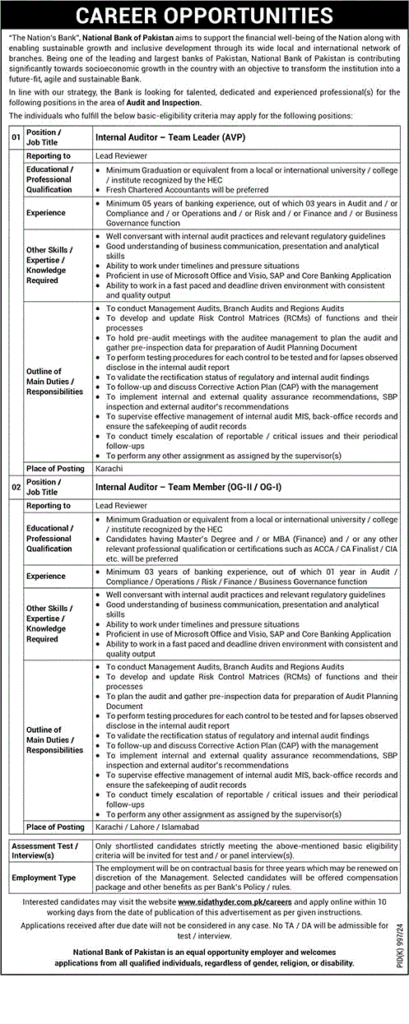 National Bank of Pakistan Seeks Talented Professionals for Internal Audit Roles (Karachi, Lahore, Islamabad)