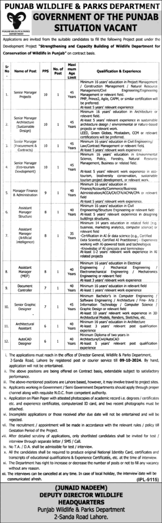 Punjab Wildlife and Parks Department Jobs