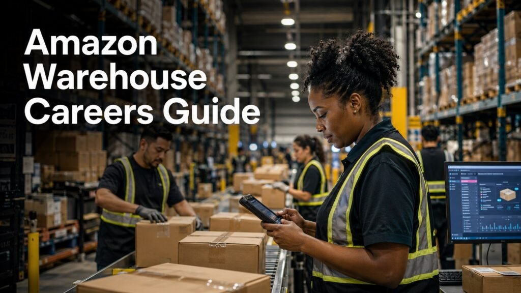 Amazon Warehouse Jobs & Fulfillment Careers Guide: What to Know Before You Apply Modern warehouse professionals working inside a large fulfillment and logistics center representing Amazon warehouse careers