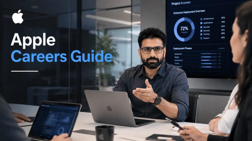 Apple careers guide covering project management jobs, remote opportunities, enterprise technology roles, and hiring insights.