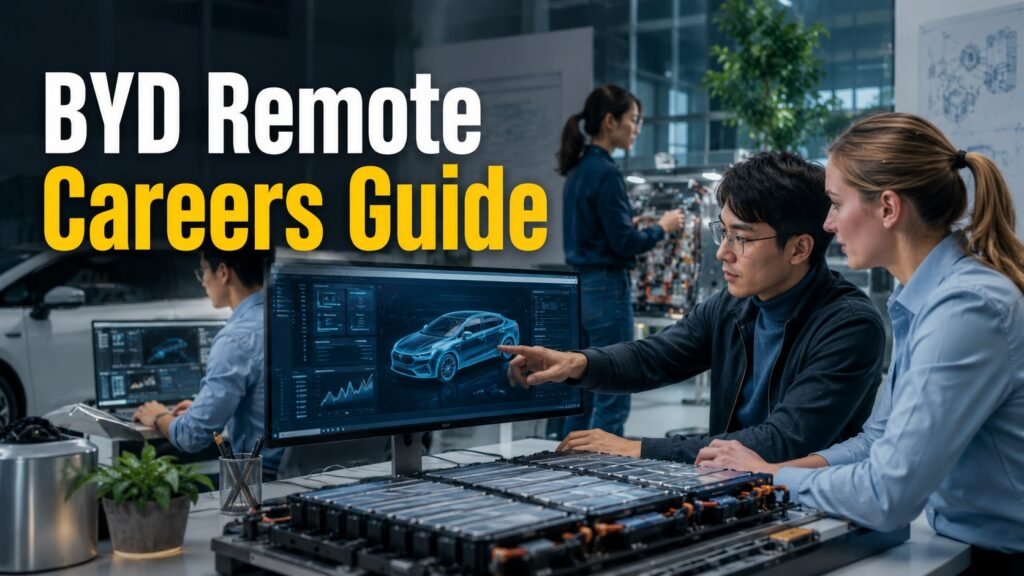 BYD Remote Careers Guide: Engineering, EV Technology, AI & Global Hiring Opportunities Engineering professionals collaborating in a modern electric vehicle technology workspace representing BYD careers and sustainable innovation jobs