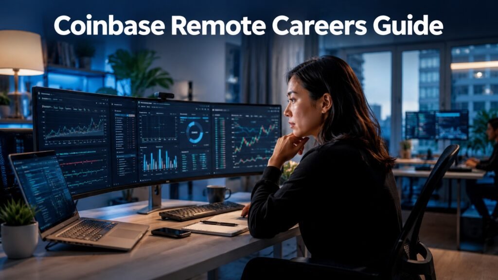 Fintech professionals collaborating in a modern digital finance workspace representing Coinbase remote careers