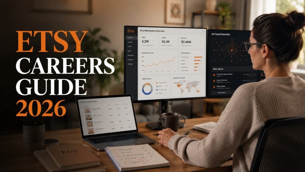 Etsy careers guide featuring remote product management, AI, analytics, and trust and safety career opportunities in ecommerce technology.