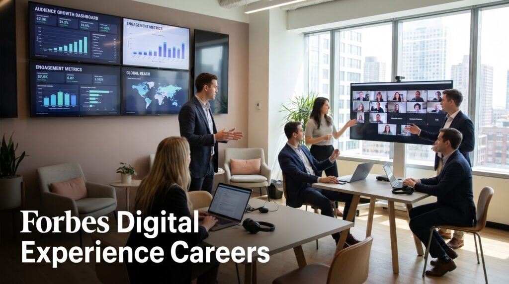 Forbes Careers Guide: Remote Digital Experience, Product & Audience Growth Jobs Digital experience and analytics professionals collaborating in a modern media technology workspace