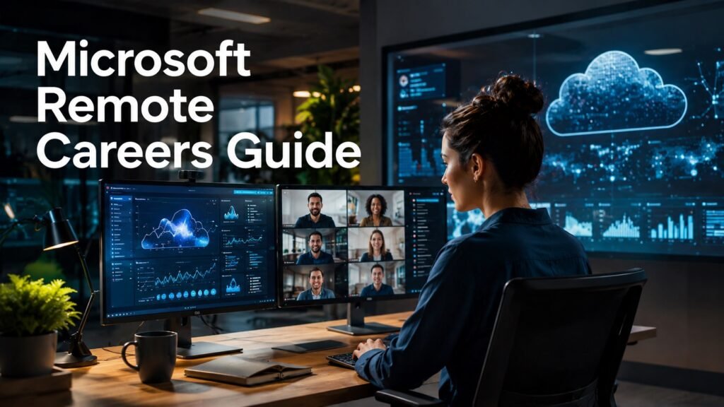 Remote technology professionals collaborating in a modern enterprise cloud computing workspace representing Microsoft remote careers