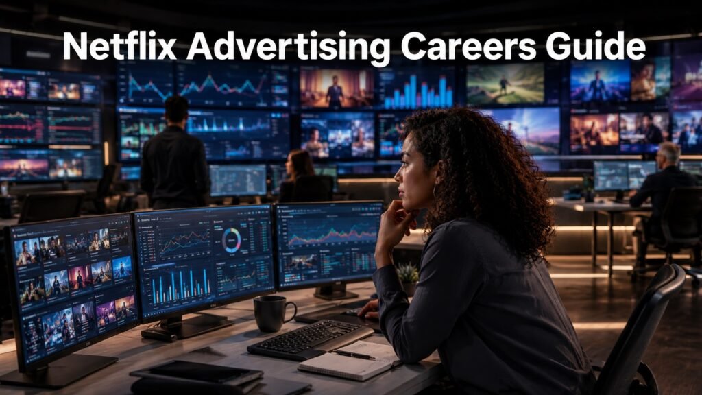Netflix Advertising Careers Guide: Remote Media, Streaming & AdTech Jobs Entertainment technology professionals collaborating in a modern streaming media workspace