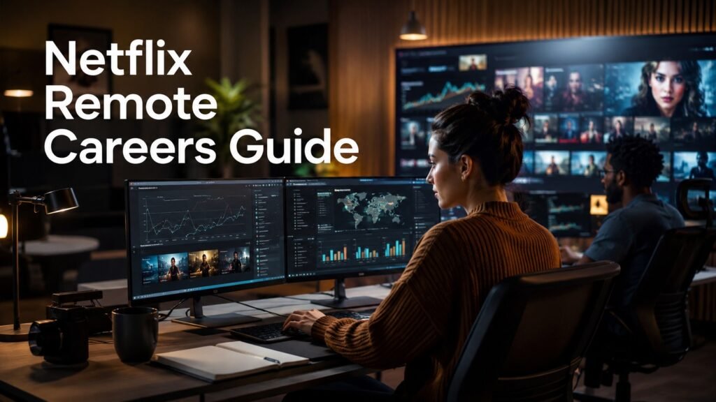 Remote professionals working in a modern streaming technology and digital media workspace representing Netflix remote careers
