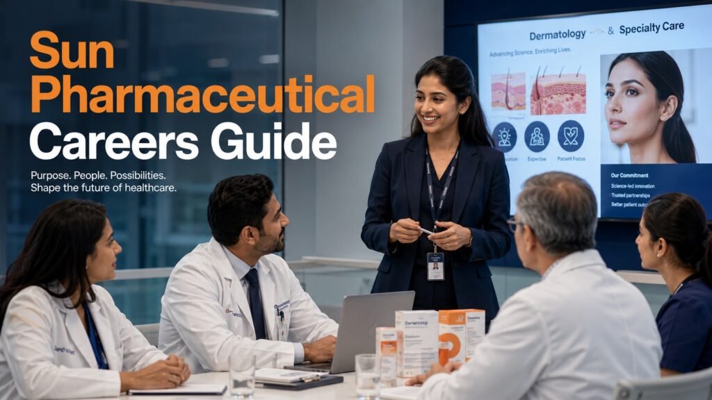Sun Pharmaceutical careers guide showing healthcare sales and pharmaceutical professionals in a modern medical work environment