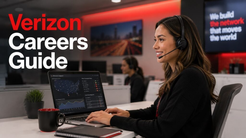 Verizon careers guide showing a professional customer support and fiber internet work environment for remote and hybrid job seekers