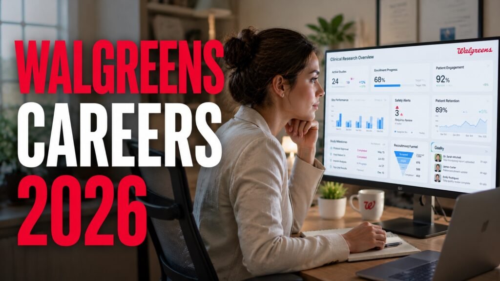 Walgreens Careers 2026: Remote Healthcare, Clinical Research & Corporate Opportunities Healthcare professional reviewing clinical research and healthcare operations dashboards representing Walgreens careers and remote healthcare opportunities