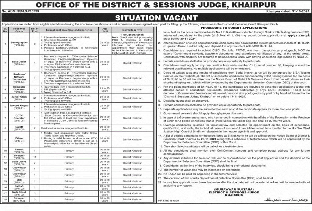 District and Session Court Khairpur Jobs