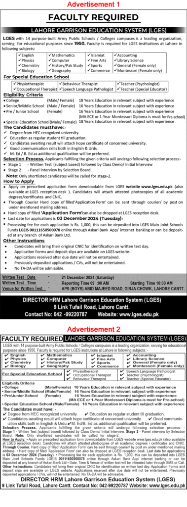 Lahore Garrison Education System Jobs