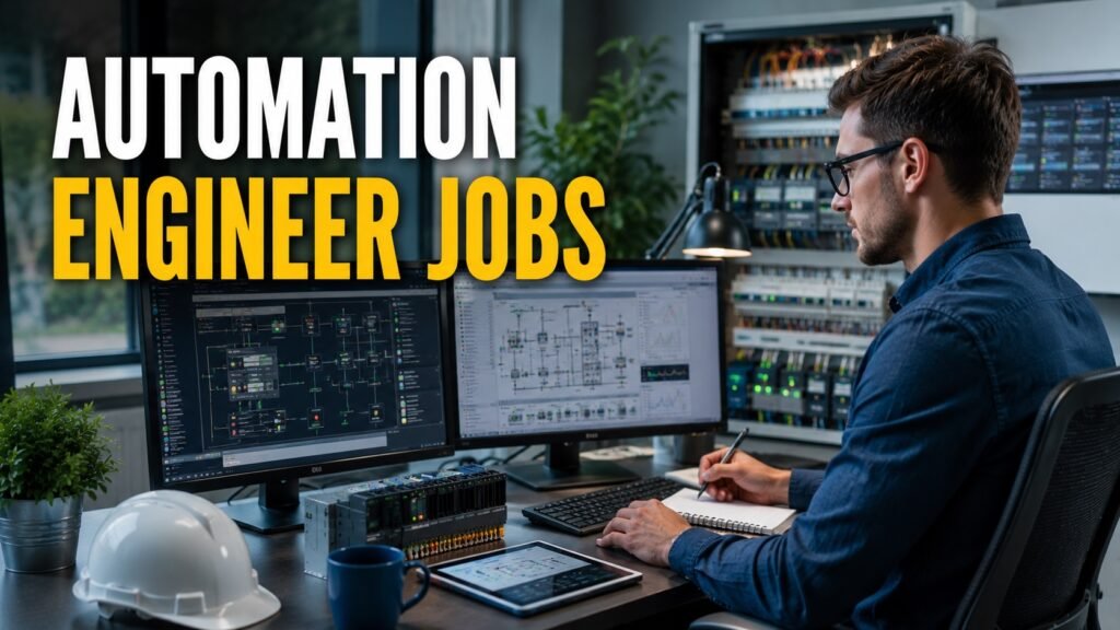 Automation engineer reviewing PLC controls and power systems dashboards.