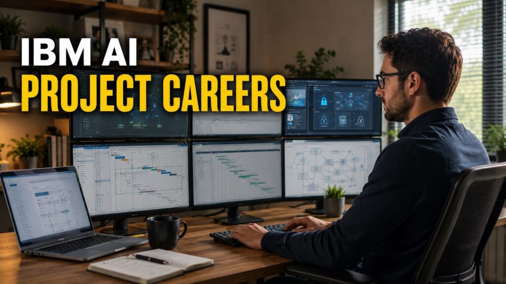 Remote project manager reviewing AI automation project dashboards for IBM career opportunities.