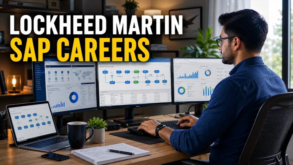 Remote SAP business analyst reviewing enterprise transformation dashboards for Lockheed Martin career opportunities.