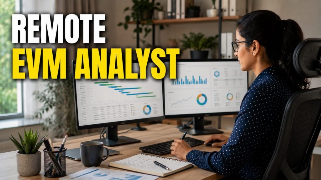 Remote program analyst reviewing earned value management reports and project data.