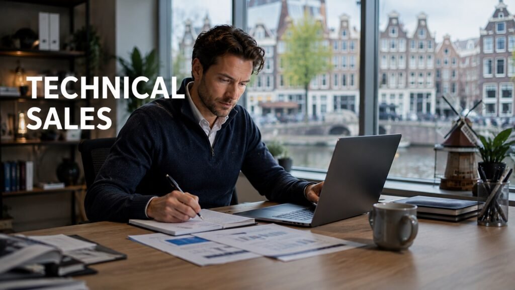 Technical sales representative reviewing customer accounts and product solution notes in a modern remote workspace.