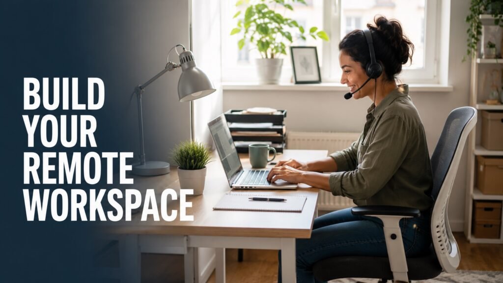 Budget-friendly home office setup with laptop, headset, desk lamp, and clean workspace for remote work.