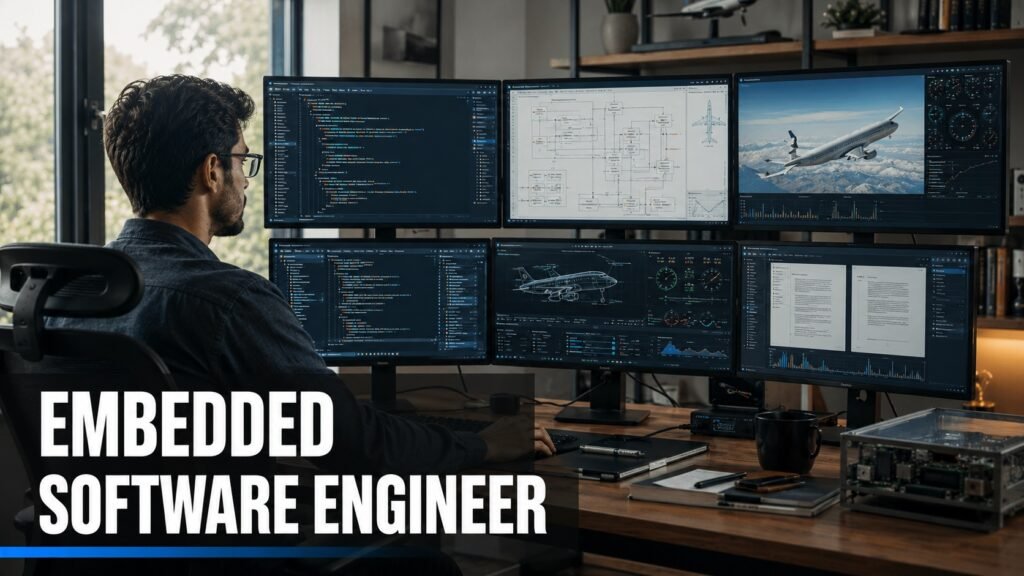 Embedded software lead engineer reviewing aviation software code and aircraft health monitoring dashboards in a modern home office