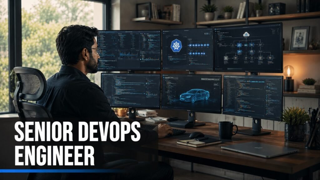General Motors Senior DevOps Engineer Career Guide: Azure, CI/CD, Salary, Resume Tips, and How to Apply Senior DevOps engineer reviewing Azure cloud dashboards, Kubernetes clusters, and CI/CD pipelines in a modern home office