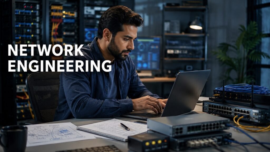 Honeywell Industrial Network Engineer Career Guide Industrial network engineer reviewing network diagrams and infrastructure dashboards in a professional workspace.