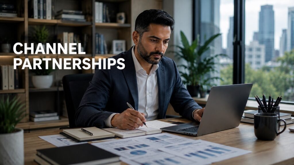 Professional channel sales and partnerships manager reviewing enterprise business development strategy in a modern remote office.