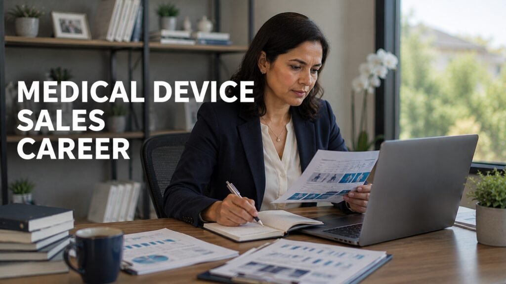 Medtronic Strategic Account Manager Career Guide: Medical Device Sales Skills, Salary, Resume Tips, and How to Apply Medical device strategic account manager reviewing healthcare sales reports and clinical product education notes in a modern home office
