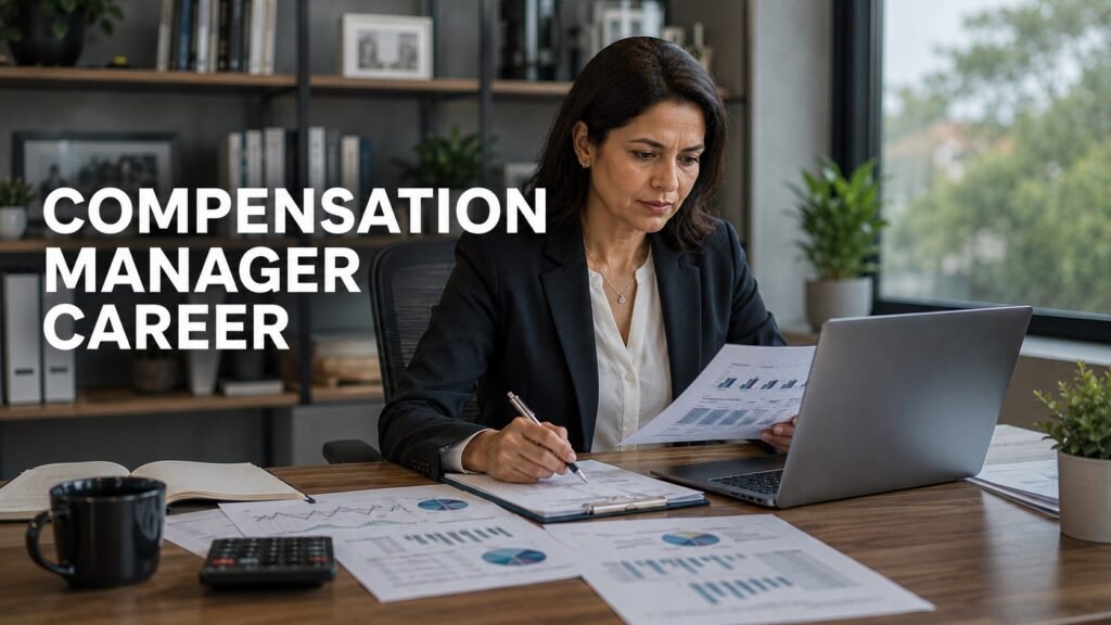 Senior compensation manager reviewing salary benchmarking reports and HR analytics in a modern home office