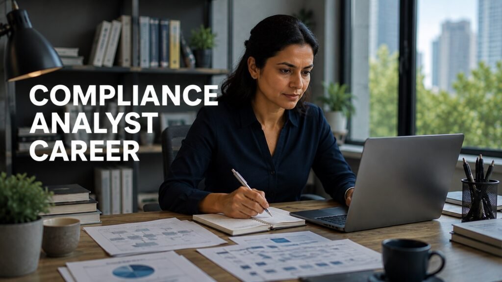 Financial services compliance business analyst reviewing regulatory documents and process maps in a modern home office