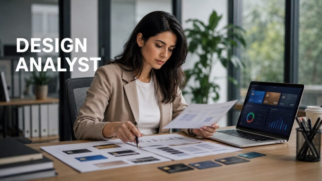 Visa Card Design Analyst Career Guide Card design analyst reviewing payment card concepts and brand guidelines in a modern workspace.
