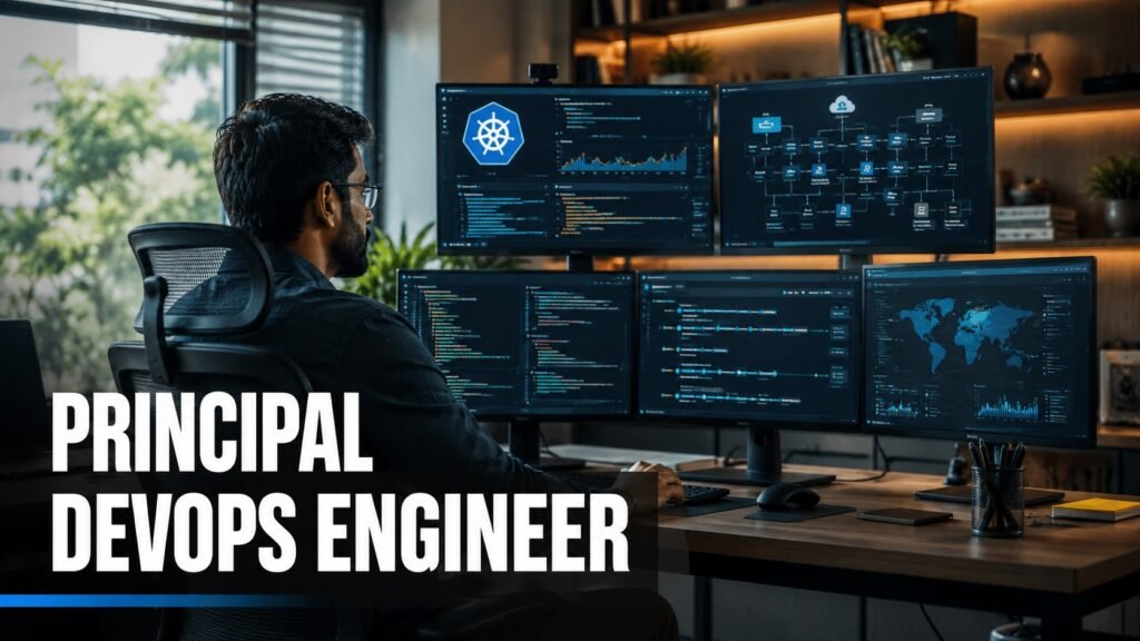 Western Digital Principal DevOps Engineer Career Guide: DevSecOps Skills, Salary, Resume Tips & How to Apply Principal DevOps engineer monitoring cloud infrastructure, Kubernetes dashboards, and secure CI/CD pipelines from a modern home office.