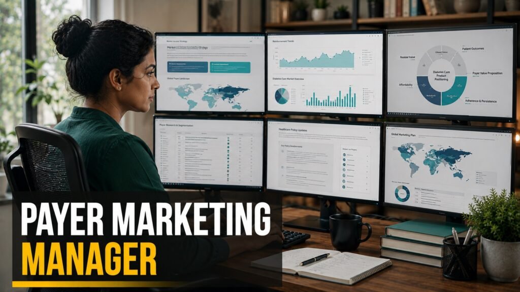 Healthcare payer marketing manager reviewing market access strategy, reimbursement trends, and diabetes care marketing plans in a modern home office