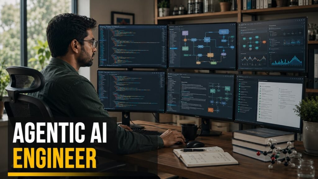 Software engineer reviewing Python code, agentic AI workflows, and LLM framework notes in a modern home office