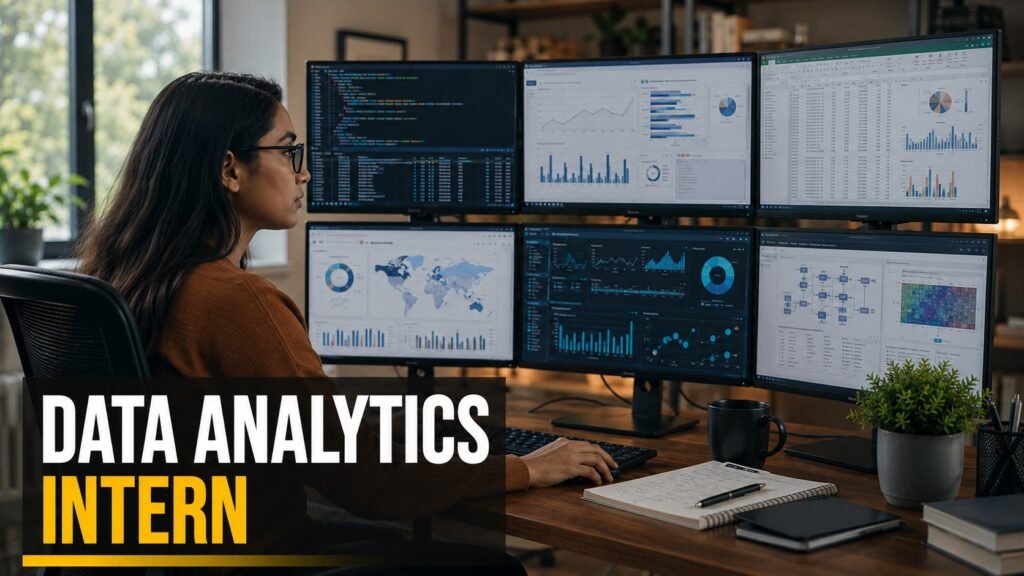 Assurant Data Analytics Internship Career Guide: Skills, Salary, Resume Tips & How to Apply Data analytics intern working remotely using SQL, Excel, and Power BI dashboards in a modern professional workspace.