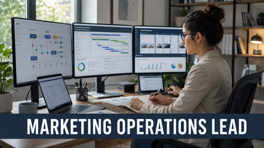 Biogen Strategy and Execution Lead Career Guide: Neuropsych Marketing Operations, MLR Skills, Salary, and How to Apply Pharmaceutical marketing operations lead reviewing MLR workflows, brand planning documents, and content approval dashboards in a modern home office
