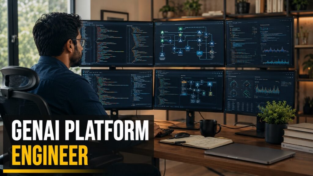 Citizens Principal Full Stack Engineer Career Guide: GenAI Platform Skills, Salary, Resume Tips, and How to Apply Principal full stack engineer reviewing GenAI platform architecture, cloud dashboards, and backend application logs in a modern home office