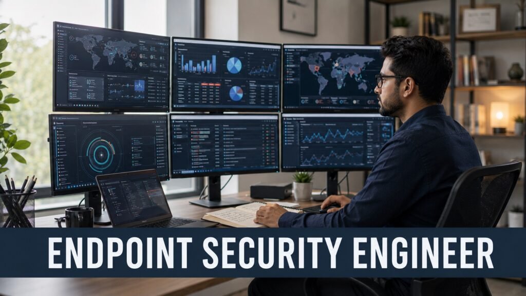 Senior endpoint security engineer reviewing EDR dashboards, threat alerts, and compliance reports in a modern home office