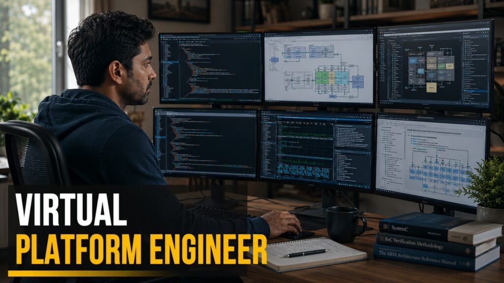 Qualcomm Software Virtual Platform Engineer Career Guide: SystemC, QEMU, SoC Skills, Salary, Resume Tips, and How to Apply Software virtual platform engineer reviewing SystemC models, QEMU simulations, SoC diagrams, and C++ code in a modern home office