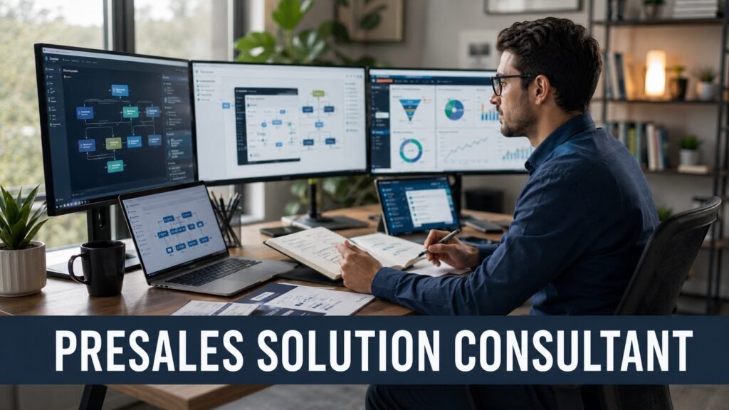 Presales solution consultant reviewing SaaS workflow diagrams, product demo screens, and client discovery notes in a modern home office
