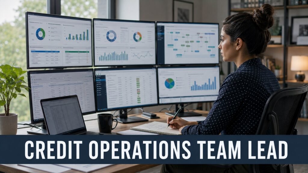 Middle office credit operations team lead reviewing loan origination dashboards and portfolio administration reports in a modern home office
