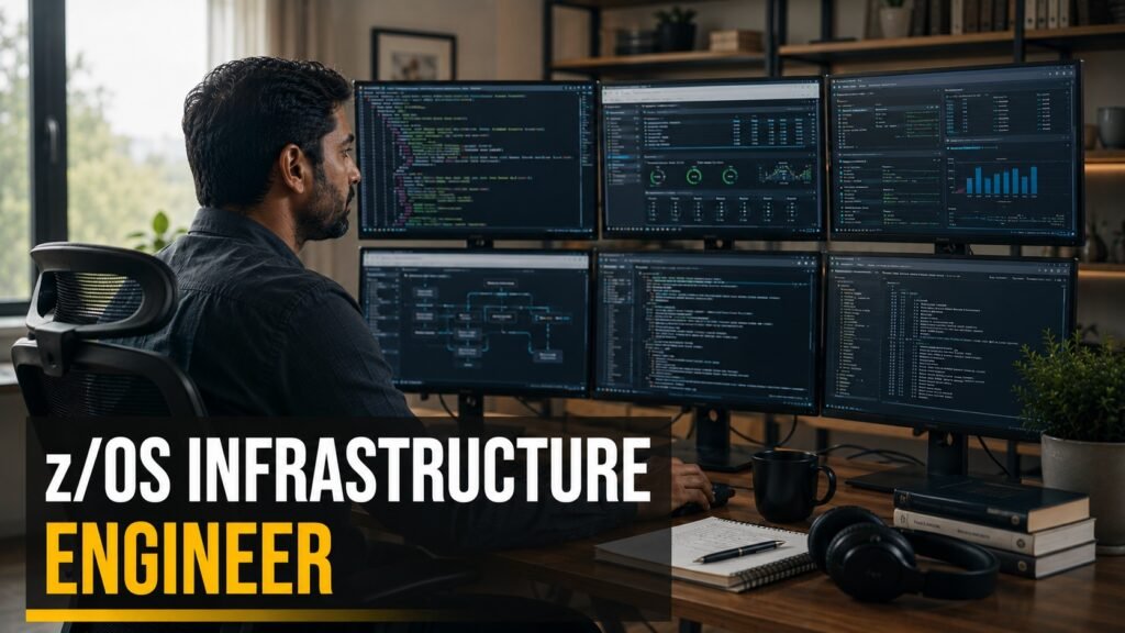 Unum Senior Infrastructure Engineer Career Guide: z/OS, Mainframe Print, Salary, Resume Tips, and How to Apply Senior mainframe infrastructure engineer reviewing z/OS dashboards, print queues, archive workflows, and JCL scripts in a modern home office