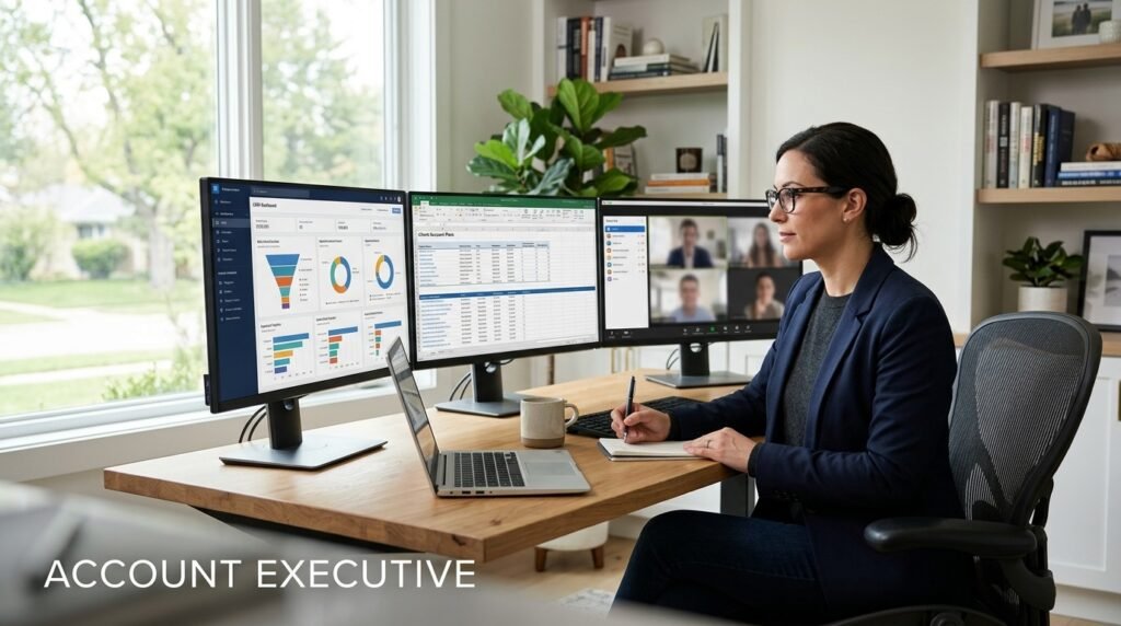 Account Executive Careers at Gartner: Remote Sales Skills, Salary, Resume Tips & How to Get Hired Remote account executive reviewing sales pipeline dashboards, CRM reports, client account plans, and revenue forecasts.