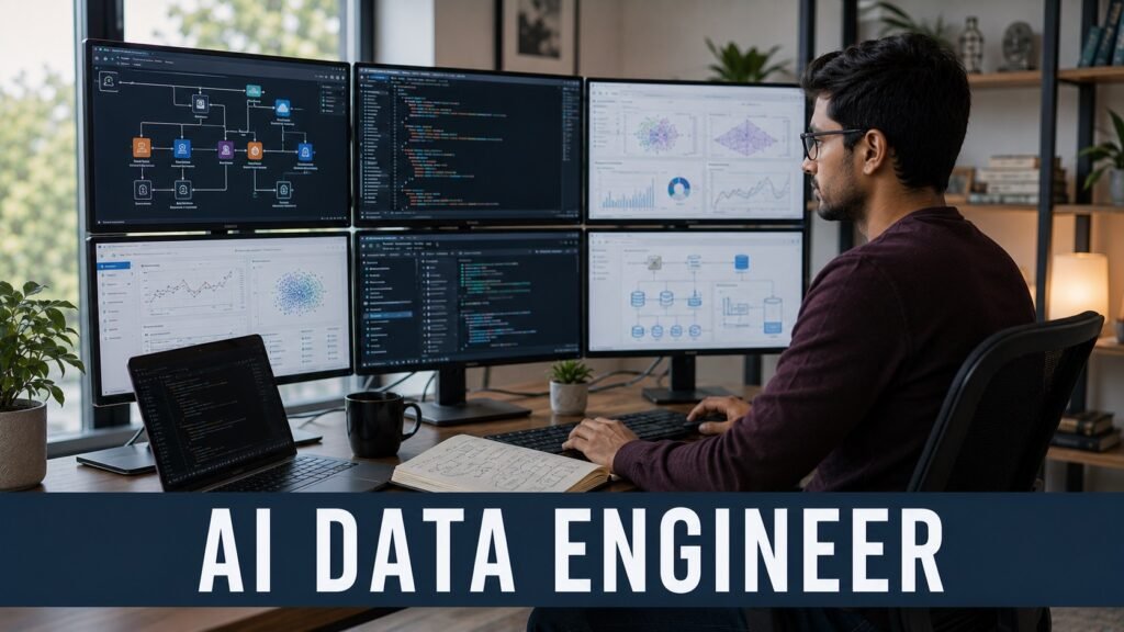 AI Data Engineer Careers at The Hartford: Remote Skills, Salary, Resume Tips & How to Get Hired AI data engineer working remotely with cloud data pipelines, generative AI dashboards, and machine learning workflow charts.