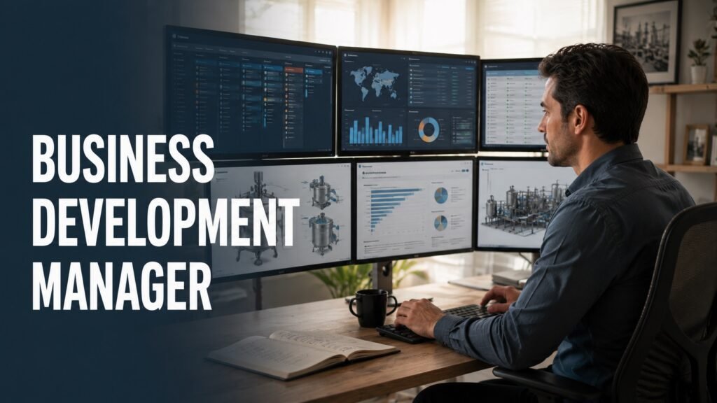Remote industrial business development manager reviewing CRM pipeline dashboards, sales forecasts, technical product diagrams, and client account plans.