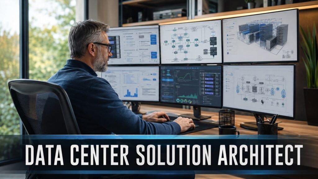 Data center solution architect working remotely with enterprise infrastructure diagrams, server architecture plans, and hybrid cloud dashboards.
