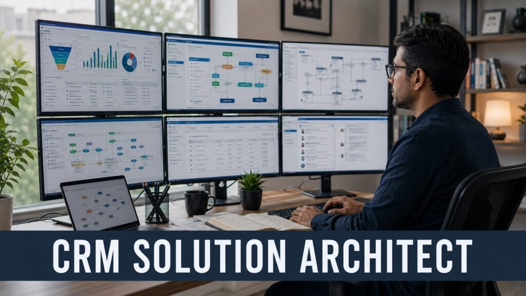 IDEX CRM Solution Architect Career Guide: Dynamics 365 Skills, Salary, Resume Tips, and How to Apply CRM solution architect reviewing Dynamics 365 dashboards, Power Platform workflows, and CRM integration diagrams in a modern home office