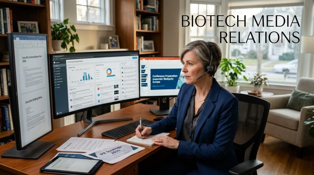 Media Relations Director Careers at Amgen: Remote Biotech PR Skills, Salary, Resume Tips & How to Get Hired Biotech media relations director working remotely with healthcare news coverage, executive briefing notes, and PR strategy documents.